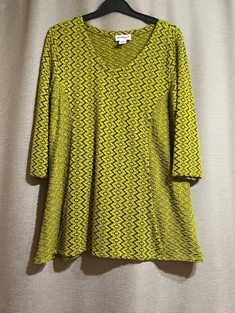 Peck & Peck XL Chartreuse Green Textured Seersucker Tunic Top 3/4 Sleeve XL